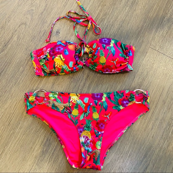 Hot Coral Pink Tropical Print 2 pc Bathing Suit 8 - Picture 10 of 14
